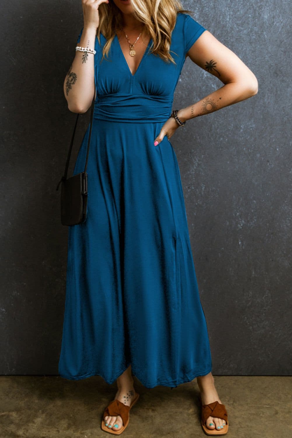 image-Peacock Blue Short Sleeve Shirred High Waist V Neck Maxi Dress