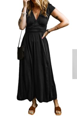 image-Peacock Blue Short Sleeve Shirred High Waist V Neck Maxi Dress