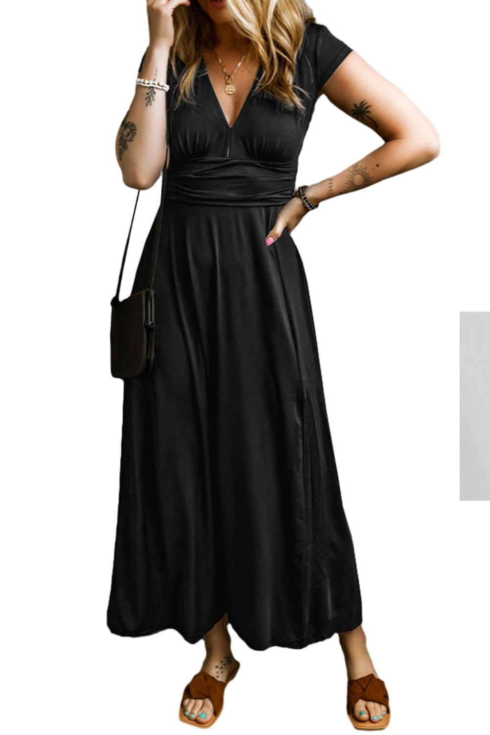 image-Peacock Blue Short Sleeve Shirred High Waist V Neck Maxi Dress