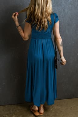 image-Peacock Blue Short Sleeve Shirred High Waist V Neck Maxi Dress