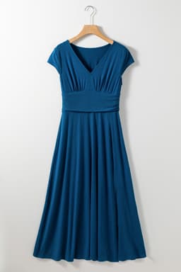 image-Peacock Blue Short Sleeve Shirred High Waist V Neck Maxi Dress