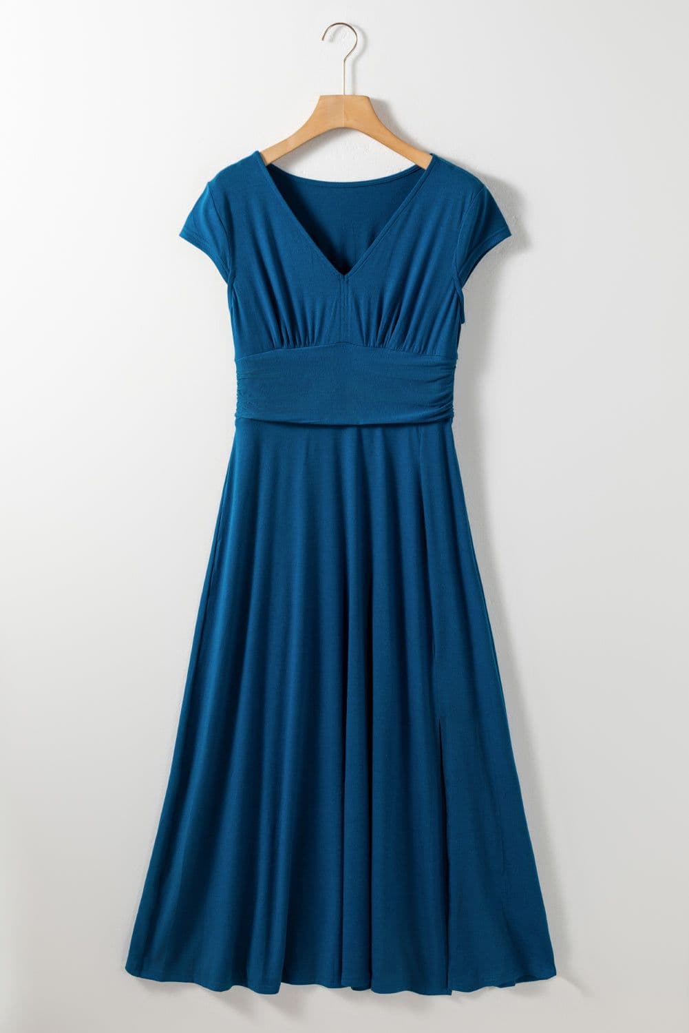 image-Peacock Blue Short Sleeve Shirred High Waist V Neck Maxi Dress