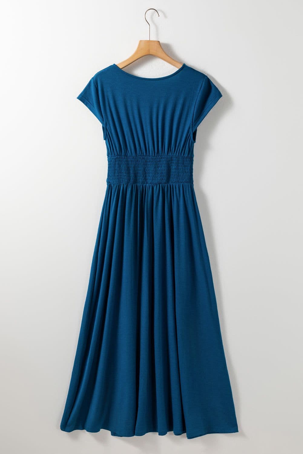 image-Peacock Blue Short Sleeve Shirred High Waist V Neck Maxi Dress
