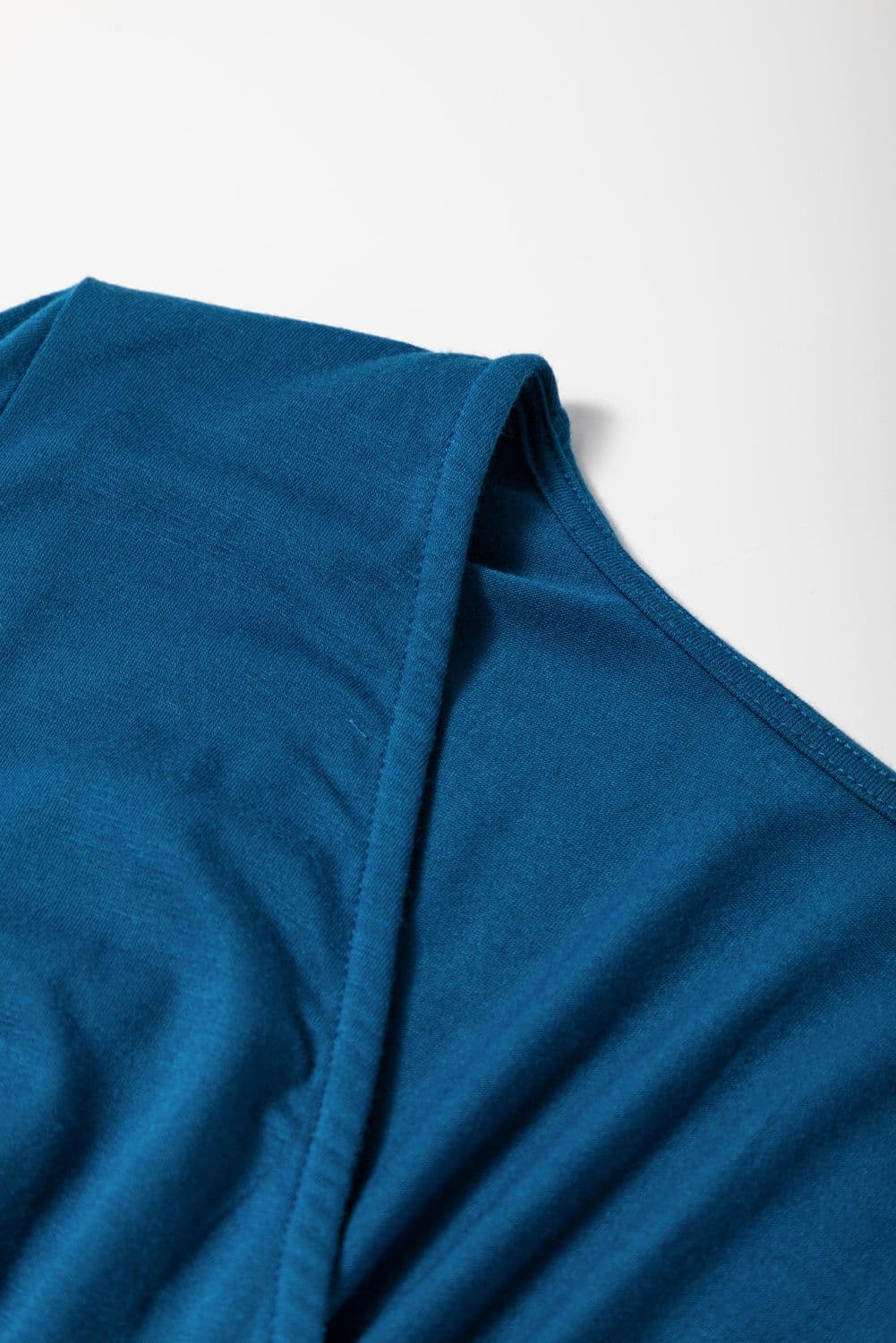 image-Peacock Blue Short Sleeve Shirred High Waist V Neck Maxi Dress