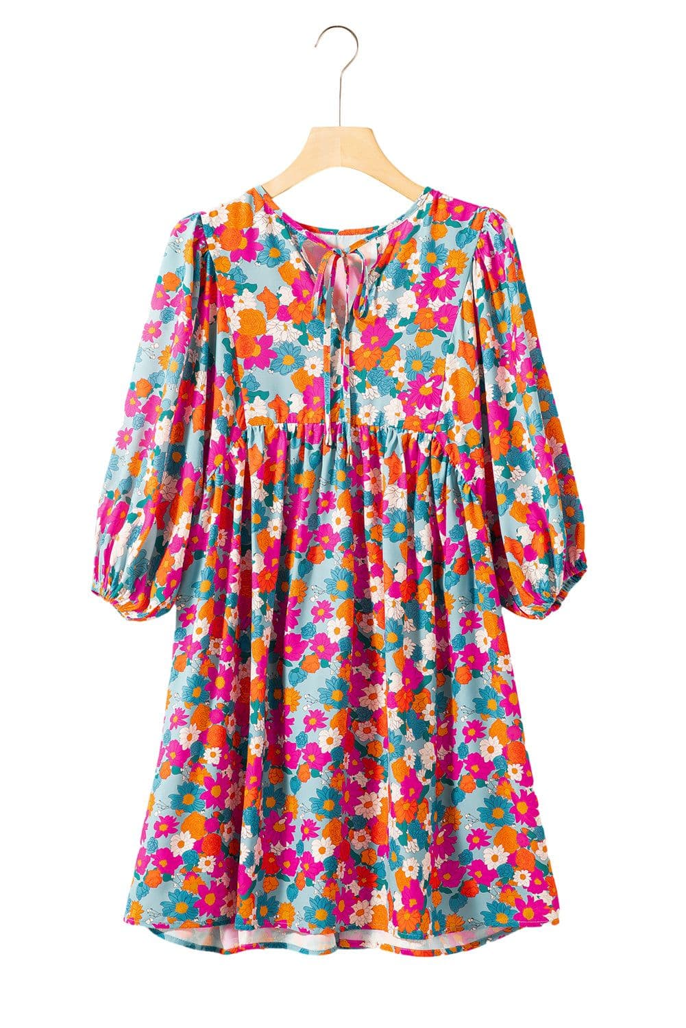 image-Sky Blue Floral Print Tie Split Neck Bubble Sleeve Babydoll Dress