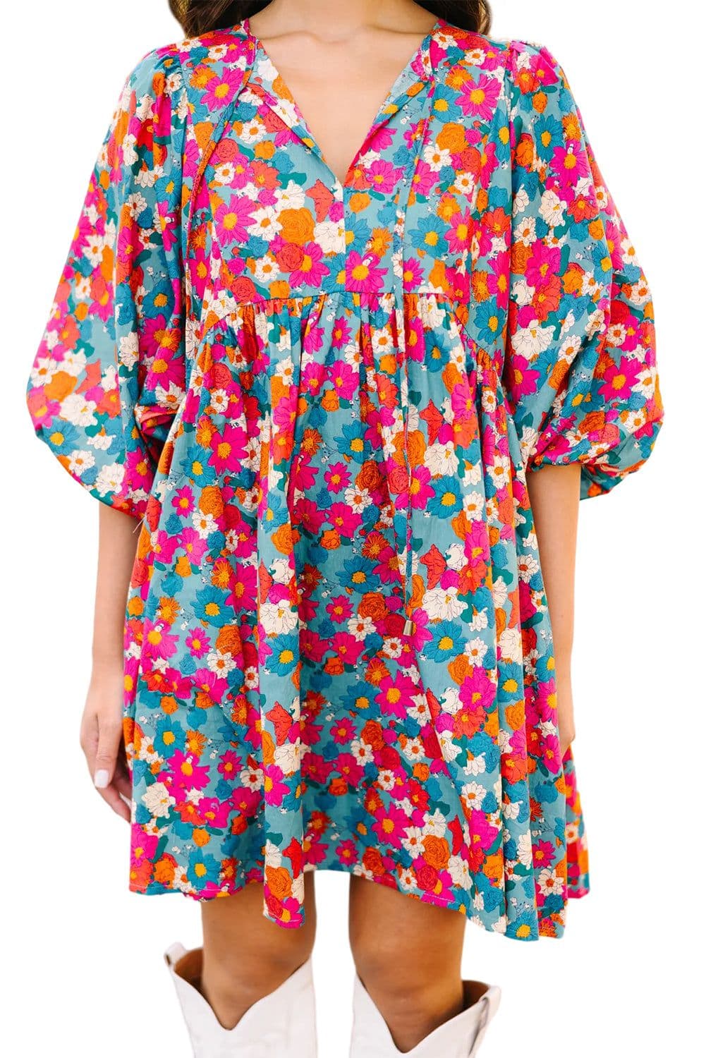 image-Sky Blue Floral Print Tie Split Neck Bubble Sleeve Babydoll Dress