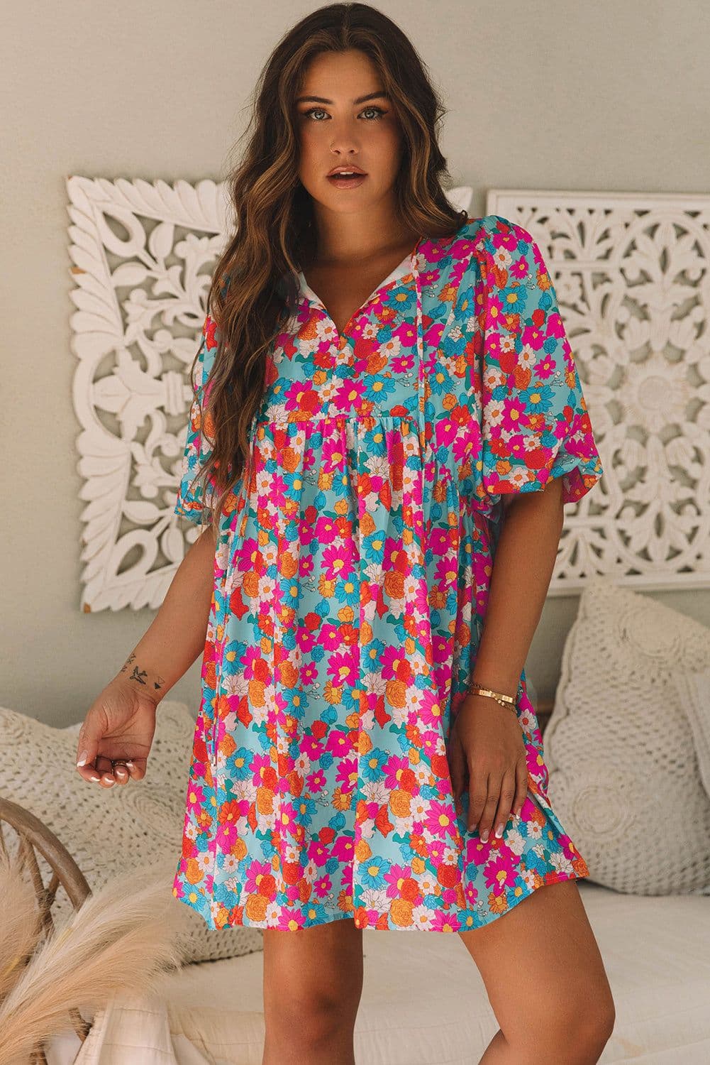 image-Sky Blue Floral Print Tie Split Neck Bubble Sleeve Babydoll Dress