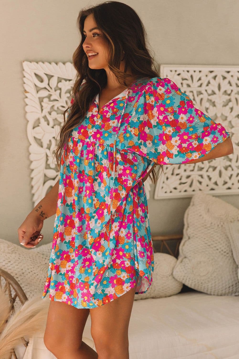 image-Sky Blue Floral Print Tie Split Neck Bubble Sleeve Babydoll Dress