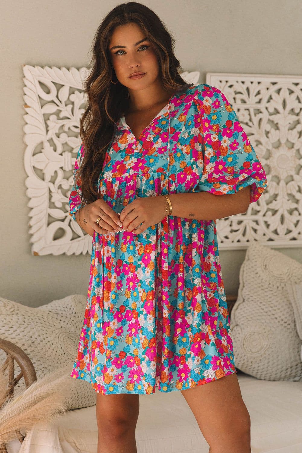 image-Sky Blue Floral Print Tie Split Neck Bubble Sleeve Babydoll Dress