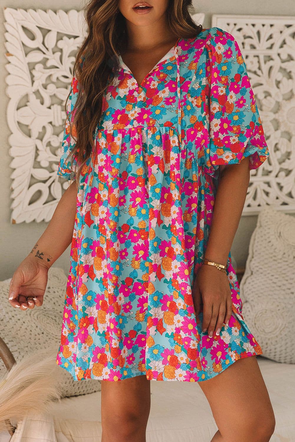 image-Sky Blue Floral Print Tie Split Neck Bubble Sleeve Babydoll Dress
