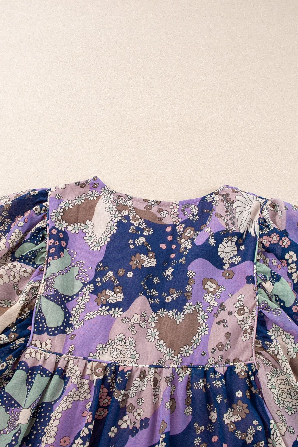 image-Purple Vintage Daisy Floral Puff Sleeve Ruffle Short Dress