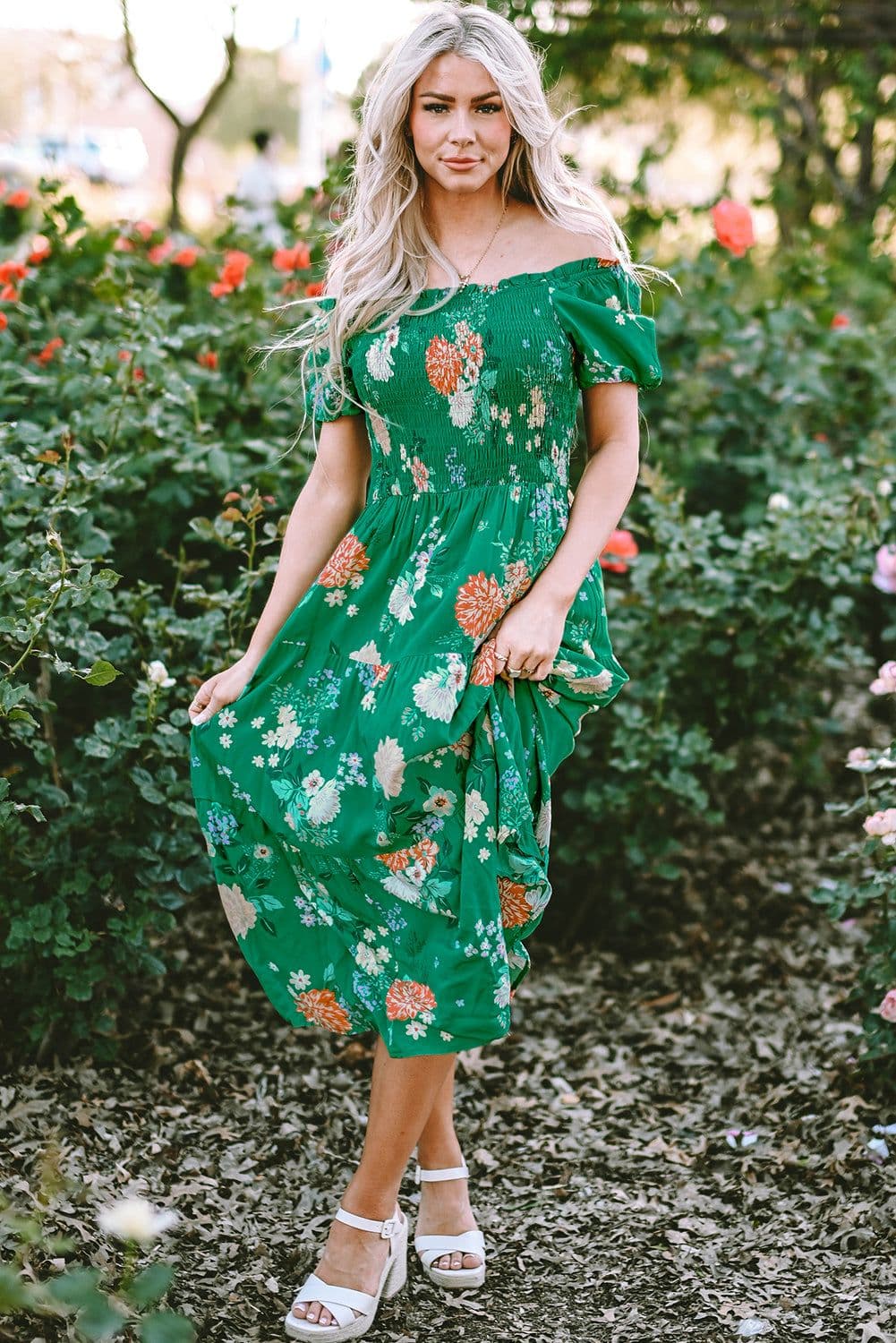 image-Green Floral Print Bubble Sleeve Smocked Tiered Midi Dress