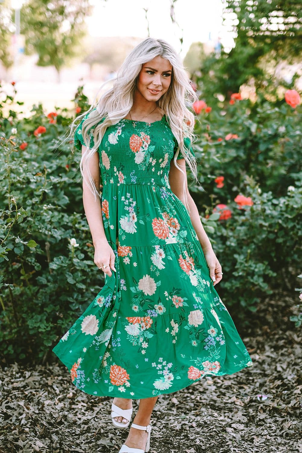 image-Green Floral Print Bubble Sleeve Smocked Tiered Midi Dress