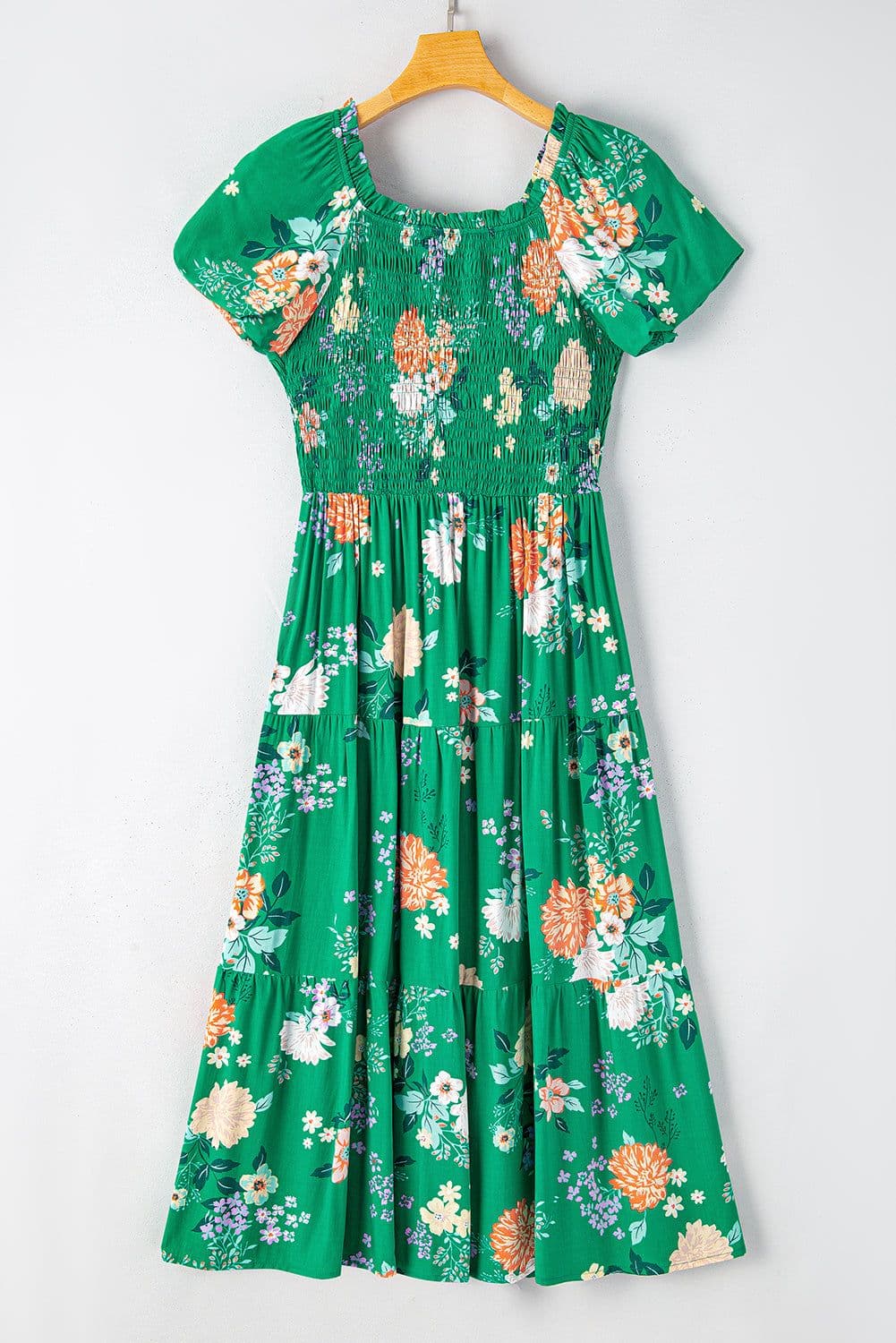 image-Green Floral Print Bubble Sleeve Smocked Tiered Midi Dress