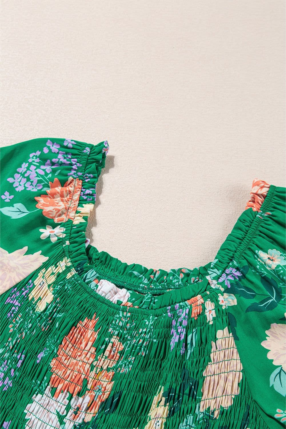 image-Green Floral Print Bubble Sleeve Smocked Tiered Midi Dress