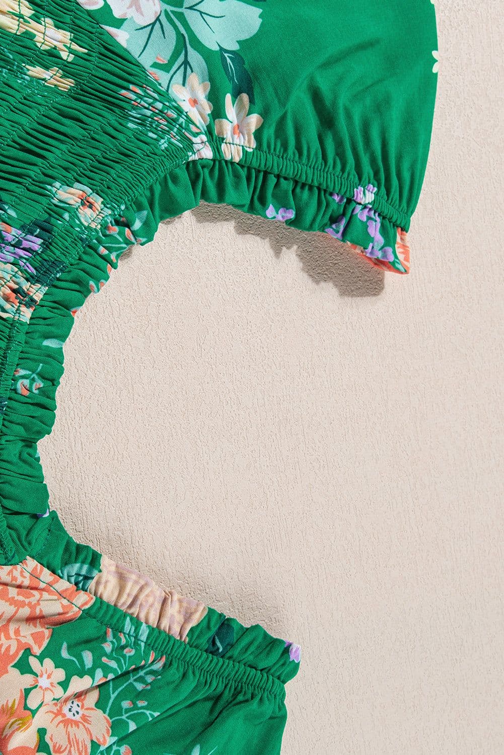 image-Green Floral Print Bubble Sleeve Smocked Tiered Midi Dress