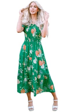 image-Green Floral Print Bubble Sleeve Smocked Tiered Midi Dress