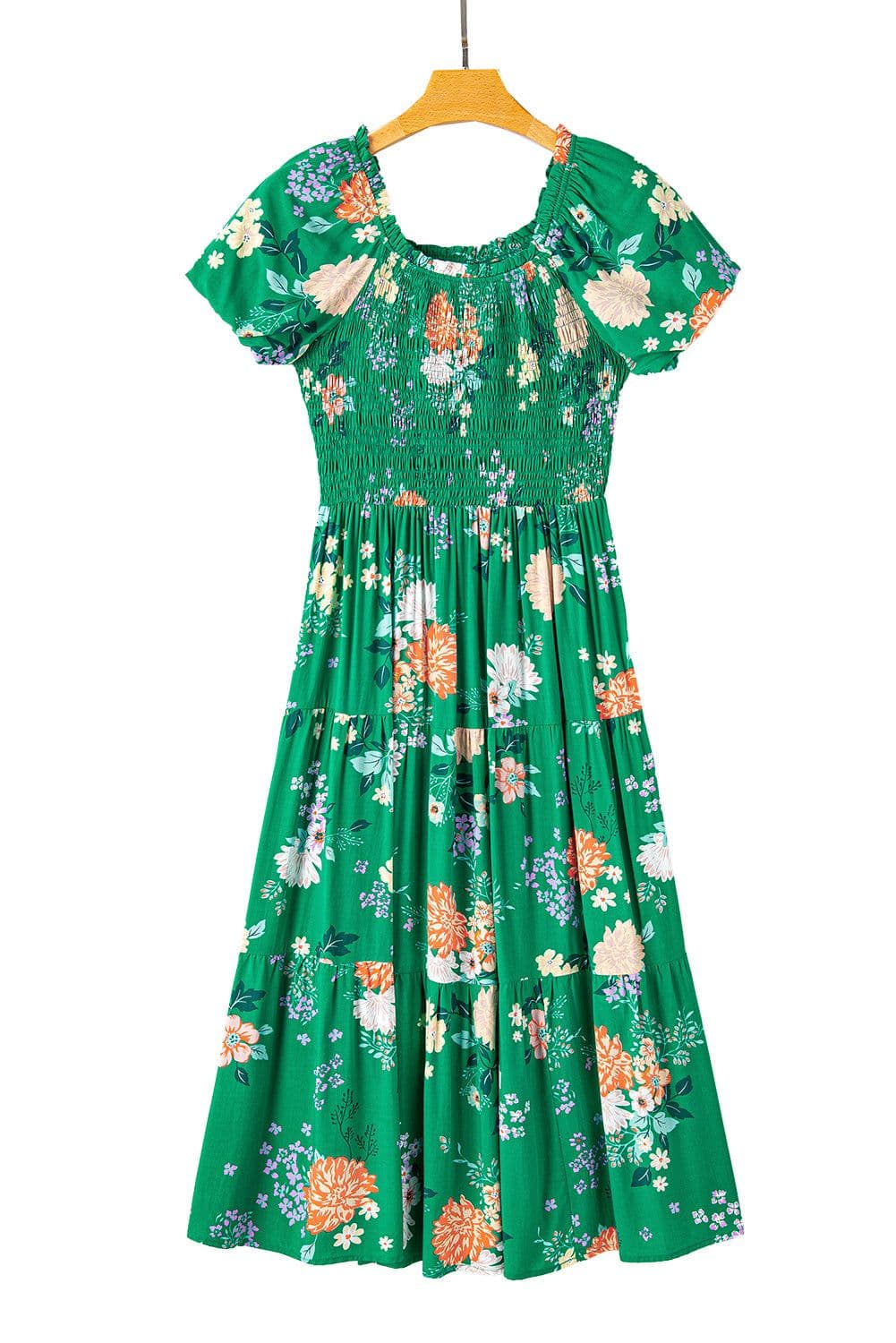 image-Green Floral Print Bubble Sleeve Smocked Tiered Midi Dress