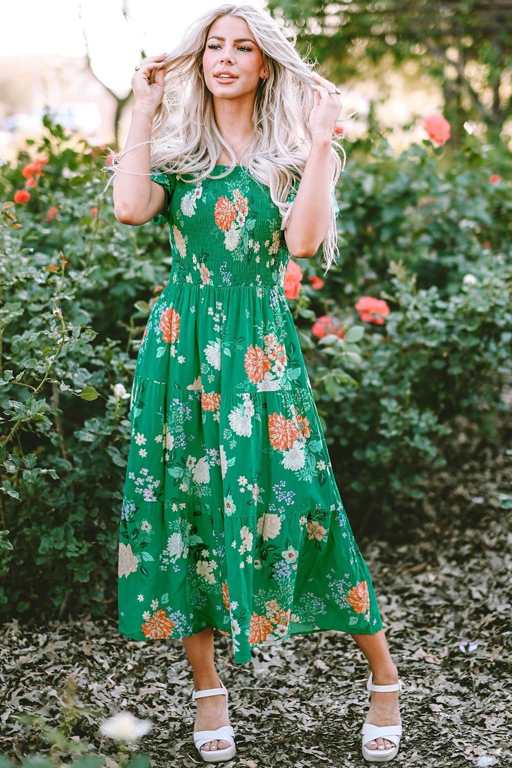image-Green Floral Print Bubble Sleeve Smocked Tiered Midi Dress
