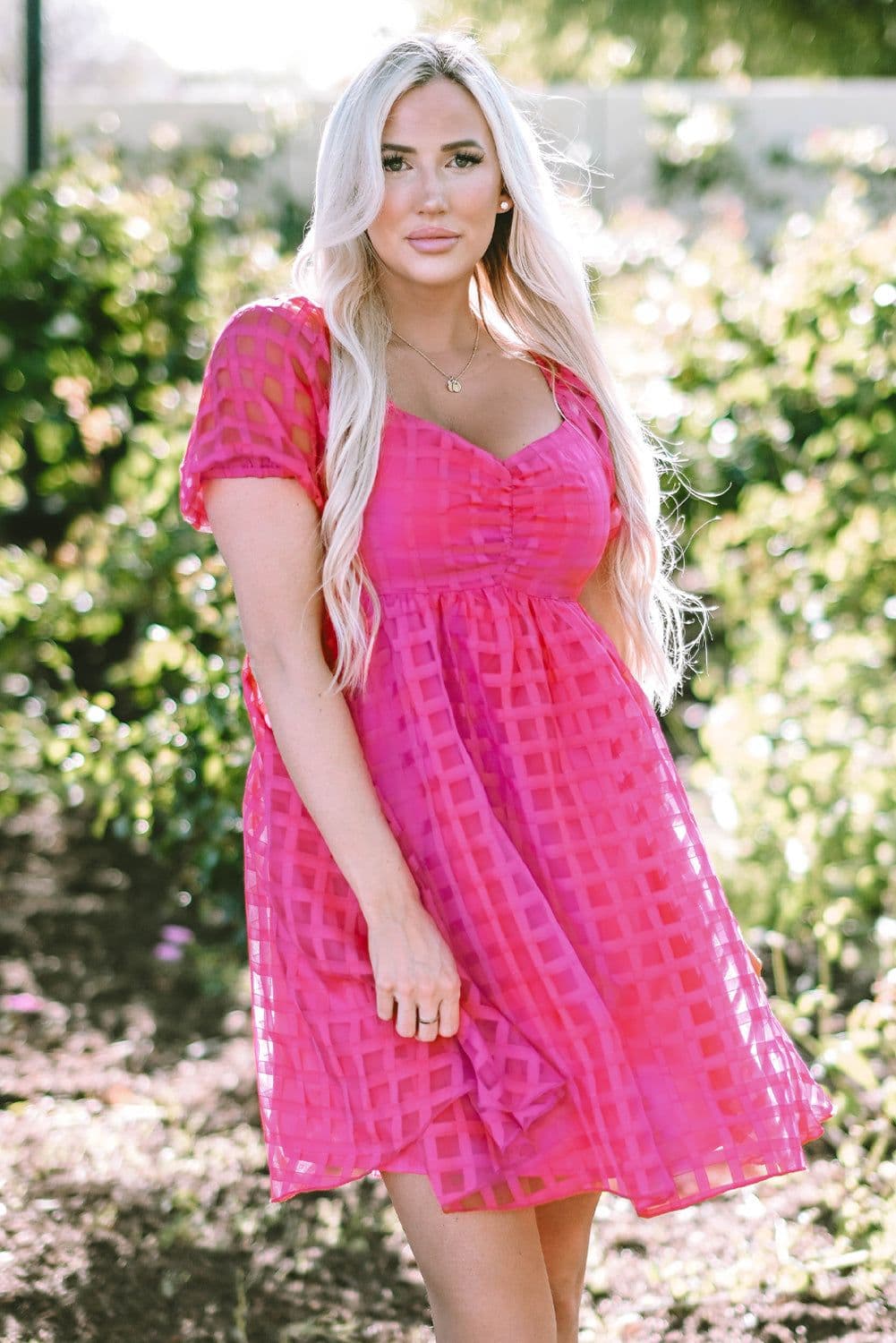 image-Strawberry Pink Checkered Puff Sleeve Babydoll Dress