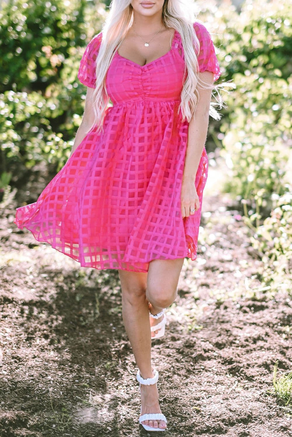 image-Strawberry Pink Checkered Puff Sleeve Babydoll Dress