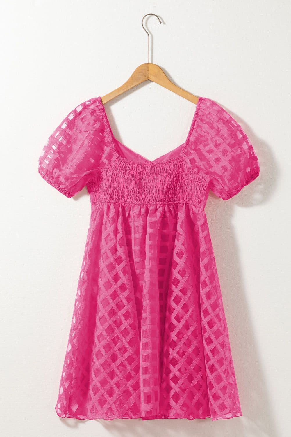 image-Strawberry Pink Checkered Puff Sleeve Babydoll Dress
