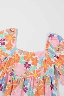 image-Pink Summer Floral Square Neck Puff Sleeve Babydoll Dress