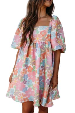 image-Pink Summer Floral Square Neck Puff Sleeve Babydoll Dress