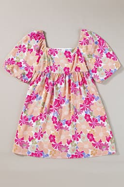 image-Pink Summer Floral Square Neck Puff Sleeve Babydoll Dress