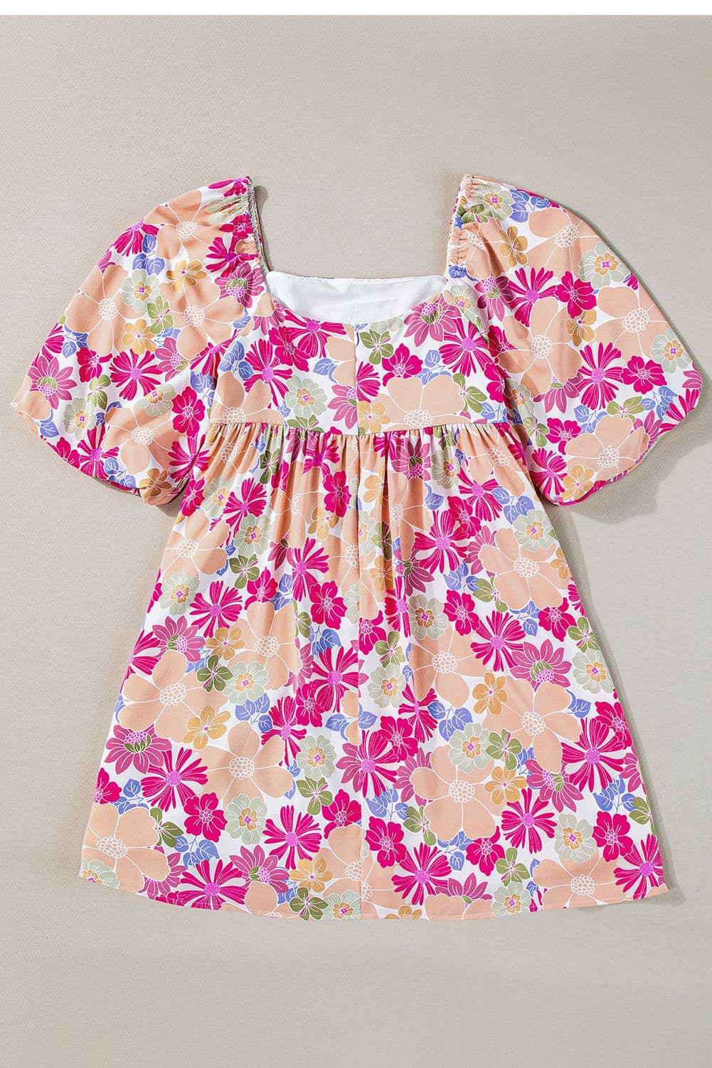image-Pink Summer Floral Square Neck Puff Sleeve Babydoll Dress