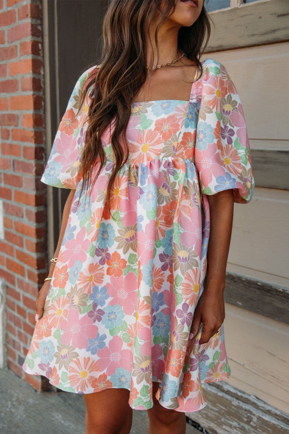 image-Pink Summer Floral Square Neck Puff Sleeve Babydoll Dress