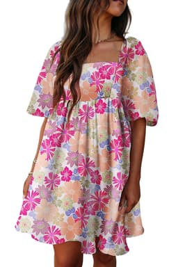 image-Pink Summer Floral Square Neck Puff Sleeve Babydoll Dress
