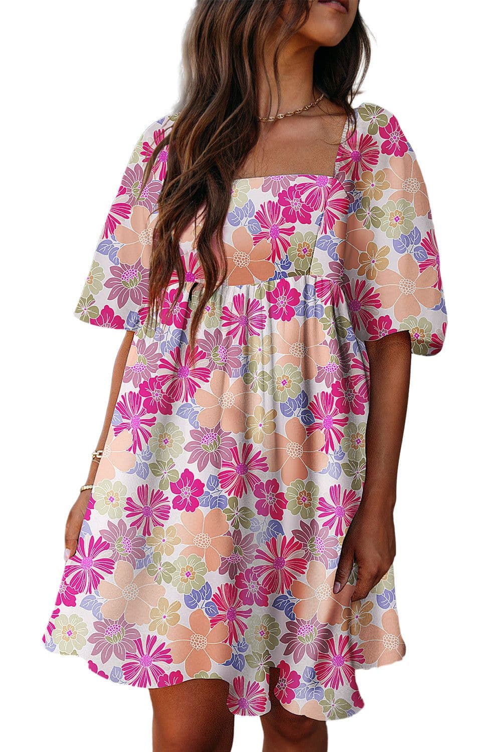 image-Pink Summer Floral Square Neck Puff Sleeve Babydoll Dress
