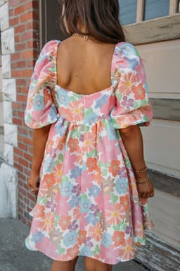 image-Pink Summer Floral Square Neck Puff Sleeve Babydoll Dress