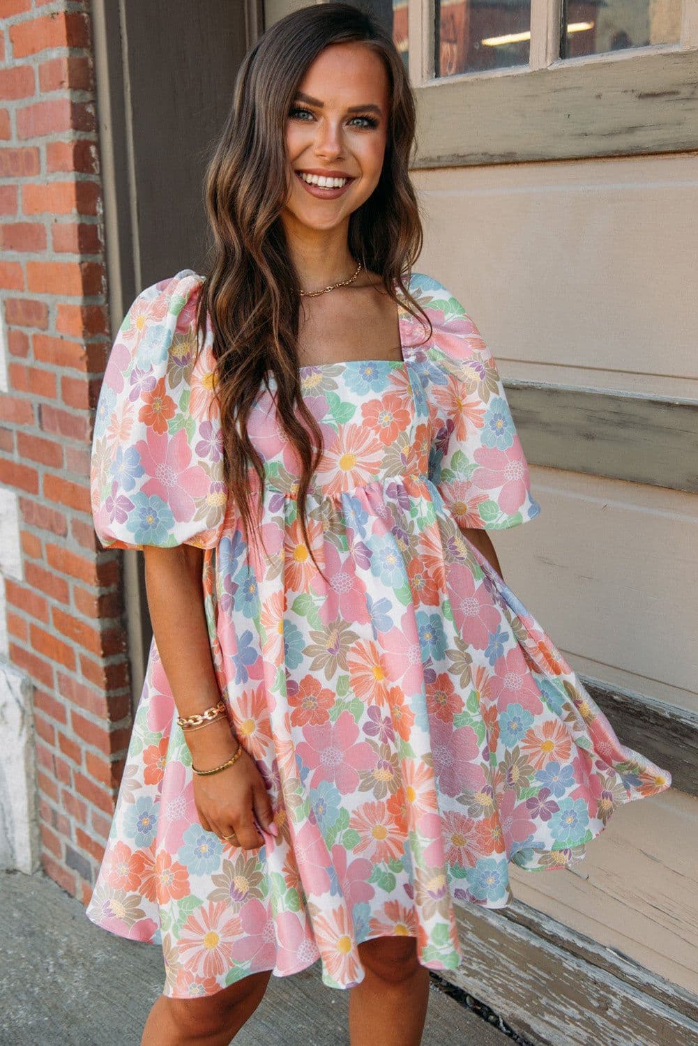 image-Pink Summer Floral Square Neck Puff Sleeve Babydoll Dress