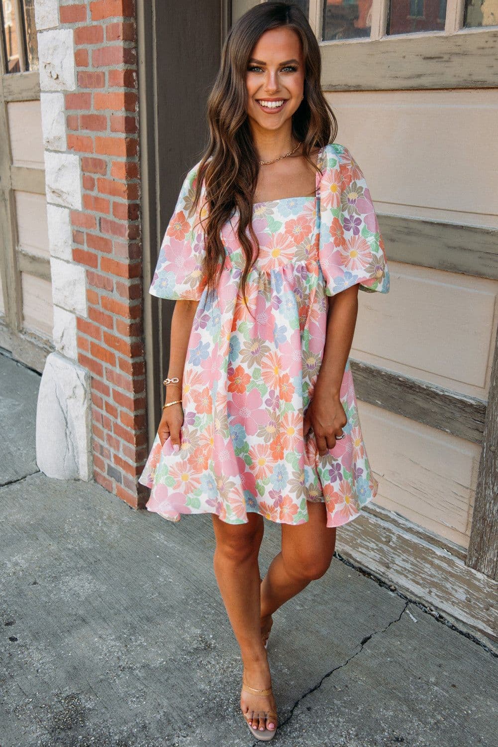 image-Pink Summer Floral Square Neck Puff Sleeve Babydoll Dress