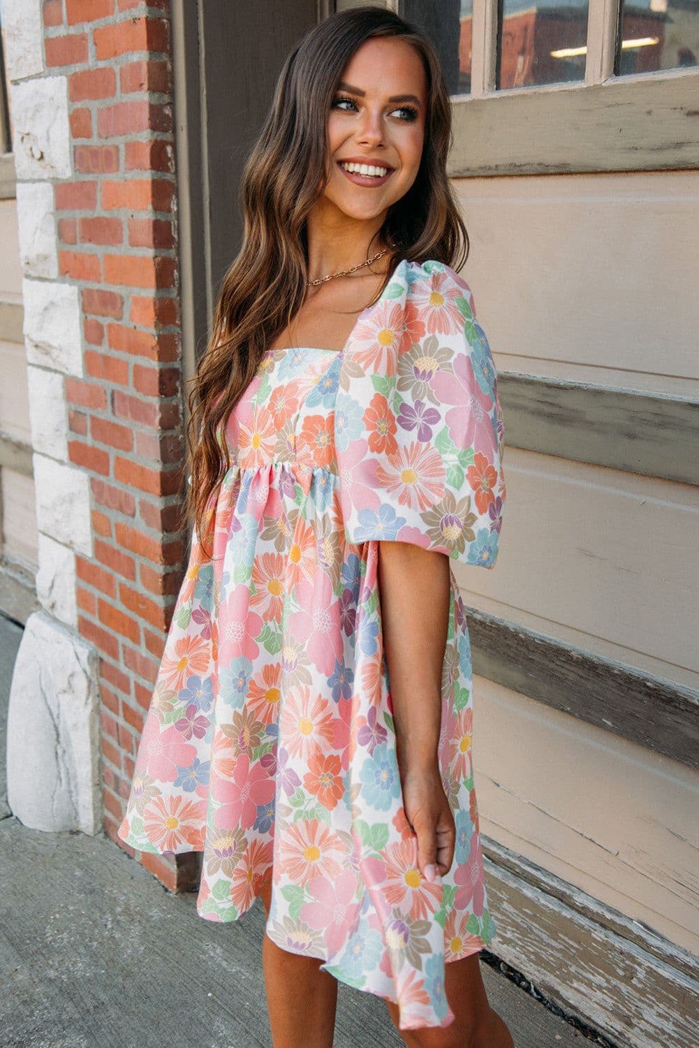 image-Pink Summer Floral Square Neck Puff Sleeve Babydoll Dress
