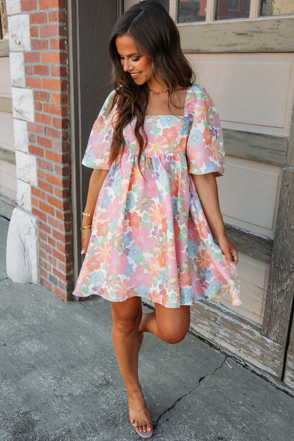 image-Pink Summer Floral Square Neck Puff Sleeve Babydoll Dress
