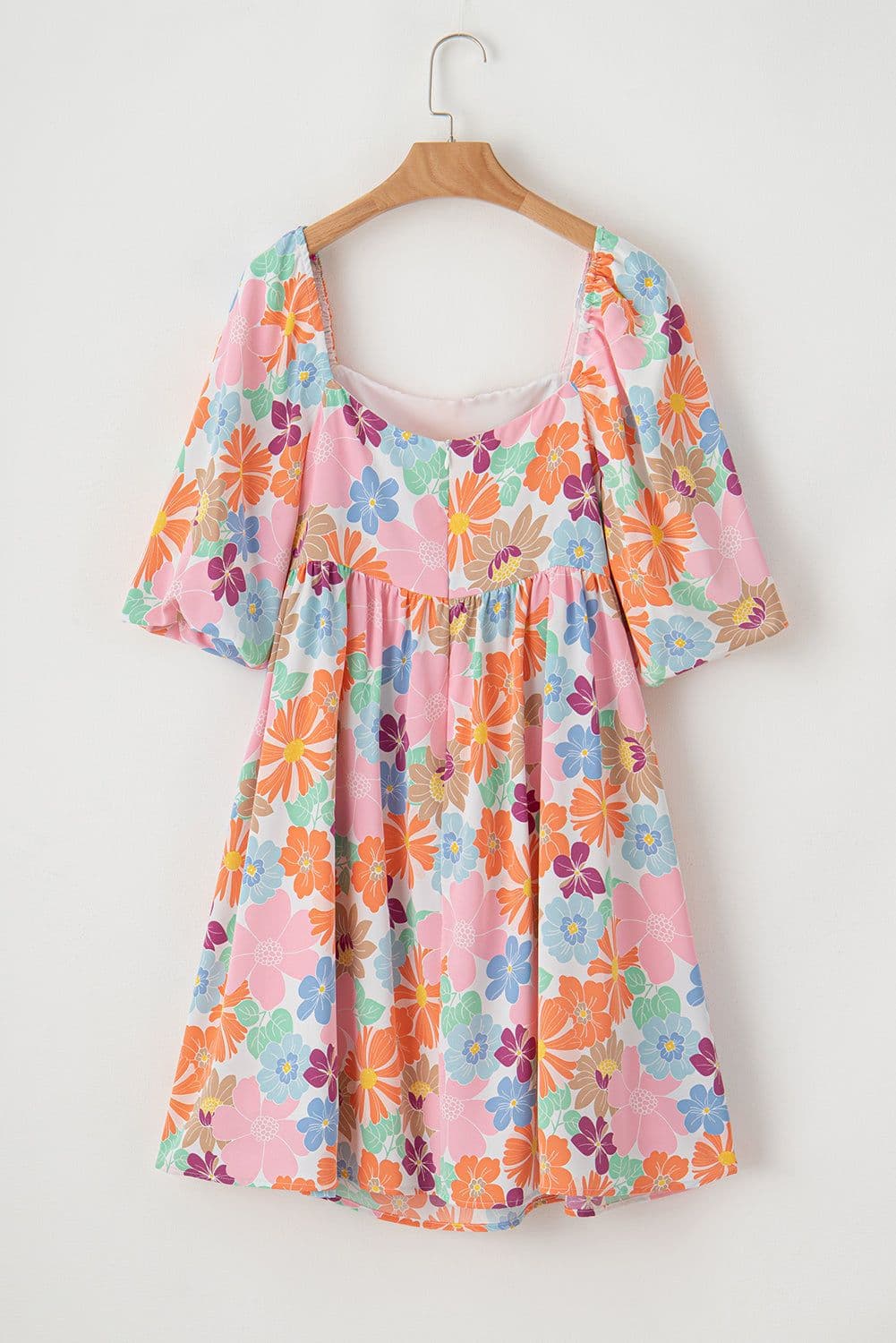 image-Pink Summer Floral Square Neck Puff Sleeve Babydoll Dress