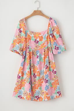 image-Pink Summer Floral Square Neck Puff Sleeve Babydoll Dress