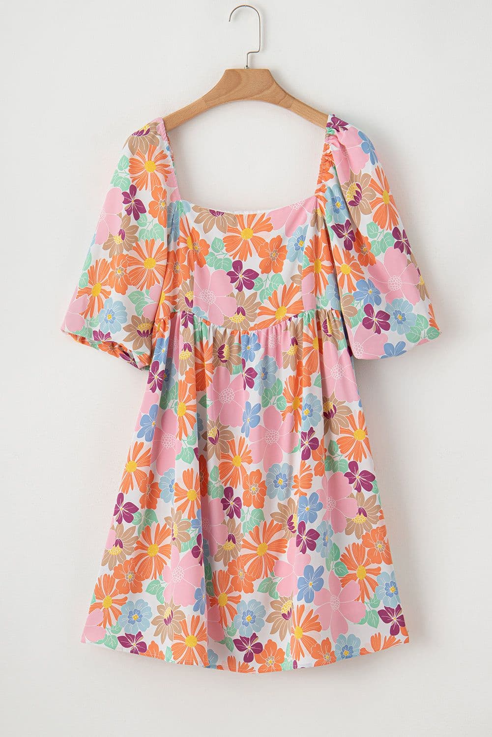 image-Pink Summer Floral Square Neck Puff Sleeve Babydoll Dress