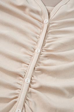 image-Beige V Neck Ruched Button Front French T-shirt Dress