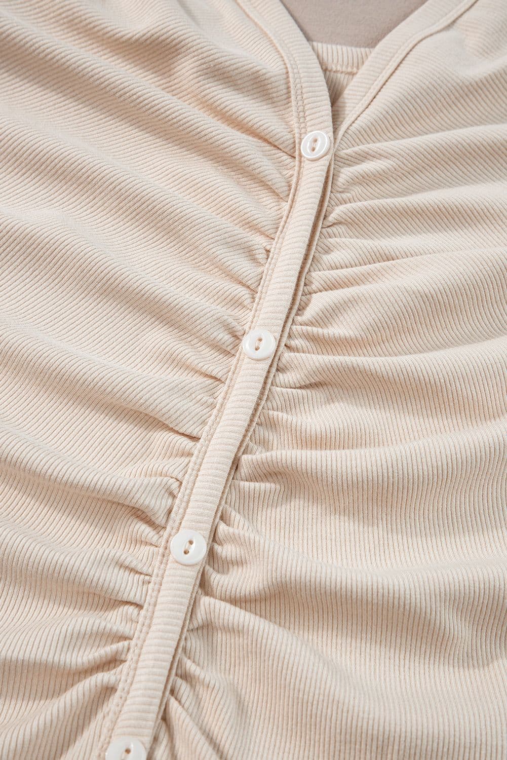 image-Beige V Neck Ruched Button Front French T-shirt Dress