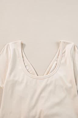 image-Beige V Neck Ruched Button Front French T-shirt Dress