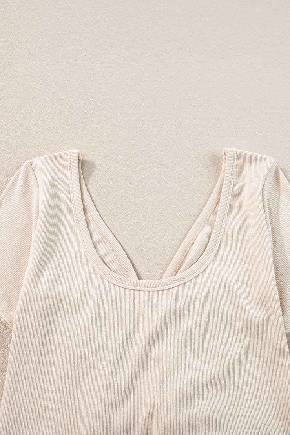 image-Beige V Neck Ruched Button Front French T-shirt Dress