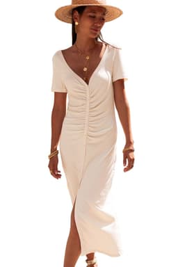image-Beige V Neck Ruched Button Front French T-shirt Dress