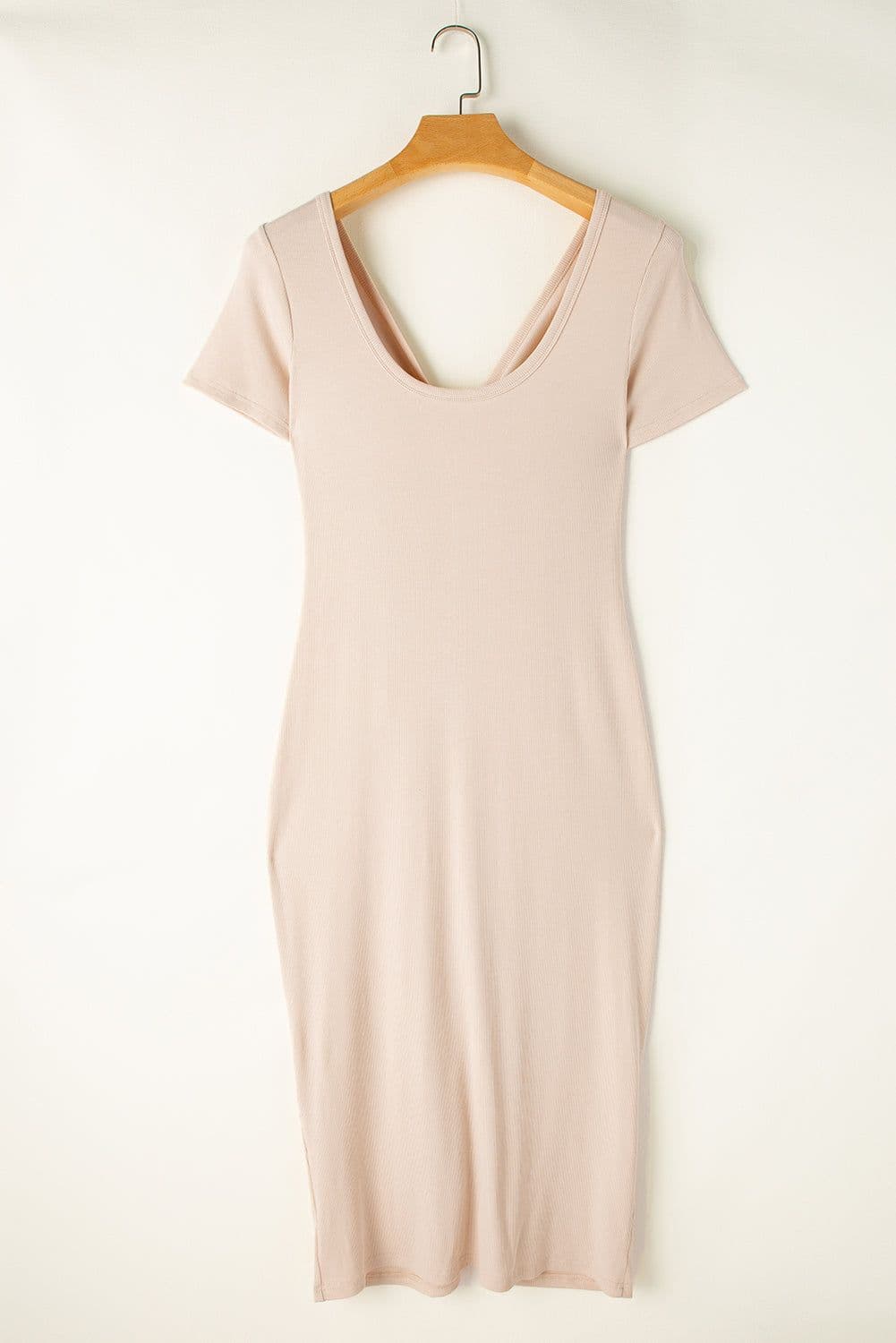 image-Beige V Neck Ruched Button Front French T-shirt Dress