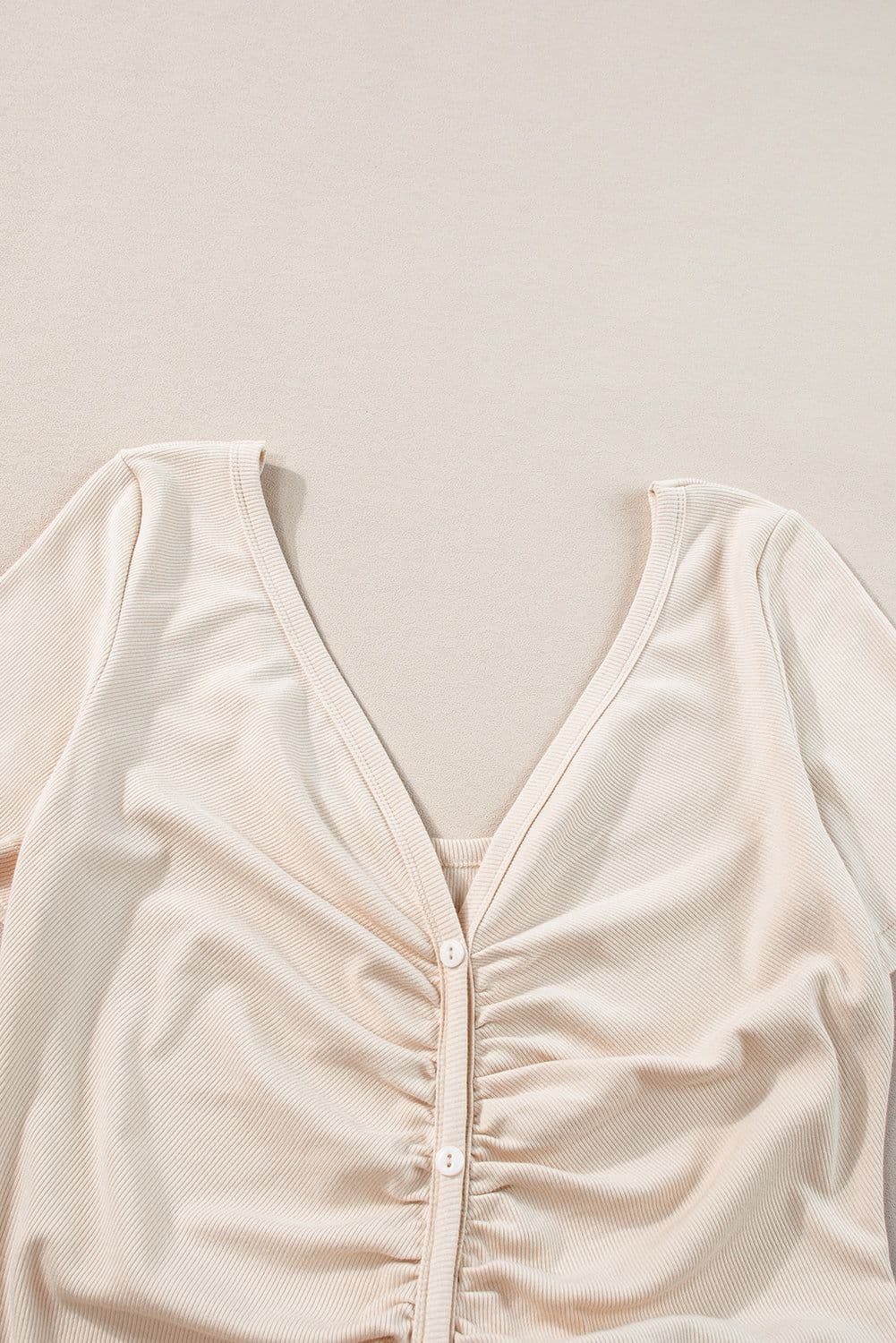 image-Beige V Neck Ruched Button Front French T-shirt Dress