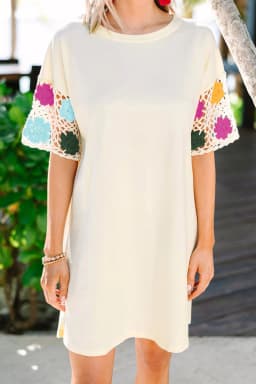 image-White Floral Crochet Splicing Sleeve T Shirt Dress