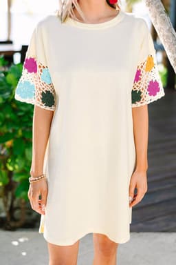 image-White Floral Crochet Splicing Sleeve T Shirt Dress